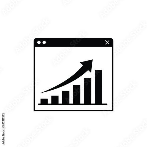 A black and white icon of a browser window displaying a bar graph with an upward trend arrow