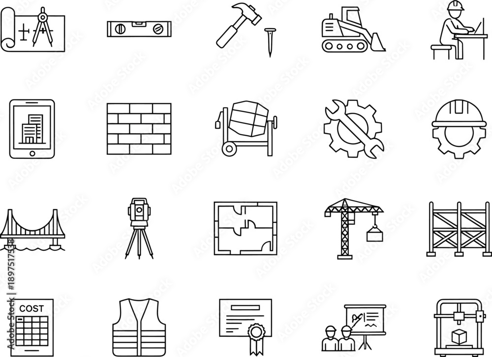 Fototapeta premium Flat design icon set of construction and architecture tools, equipment, and professionals in clean black and white line art style for project management and corporate presentations