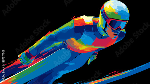 Ski jumping graphic art effect poster. Ski jumping dynamic multicolor graphic wallpaper or banner