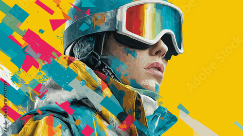 Snowboarding graphic art effect poster. Snowboarding dynamic multicolor graphic wallpaper or banner