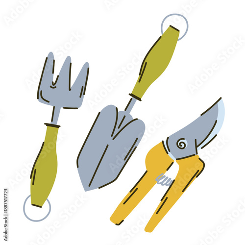 Garden trowel, hoe and pruning shears are tools for gardening, planting seeds, and weed control.