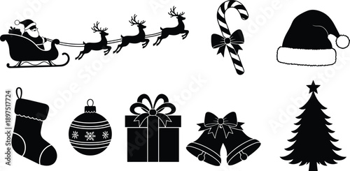 Christmas holiday icon set, Santa sleigh reindeer silhouettes, festive decorations collection, black isolated winter vector illustration bundle design graphic pack