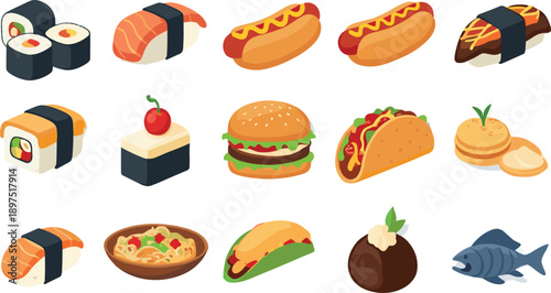 Fast food and international cuisine icon set vector illustration with burgers, pizza, sushi, desserts, drinks, and snacks