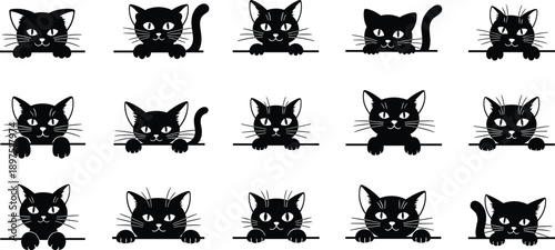 Black cat face icon set, cute kitten cartoon silhouettes, playful feline expressions collection, minimalist pet illustration, isolated white background vector