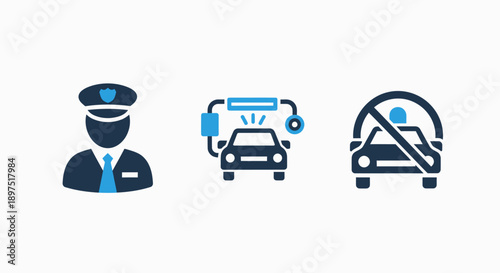 Icons related to police, car monitoring systems, and restricted vehicle access, symbolizing law enforcement and traffic control.