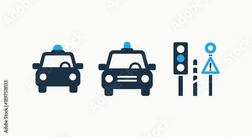 Police car icons and traffic signals, representing law enforcement, traffic control, and road safety regulations.