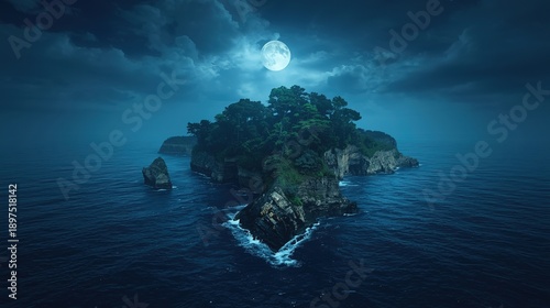 Remote Tropical Island in the Middle of the Ocean at Night Illuminated by Moonlight Under a Starry Sky Photo