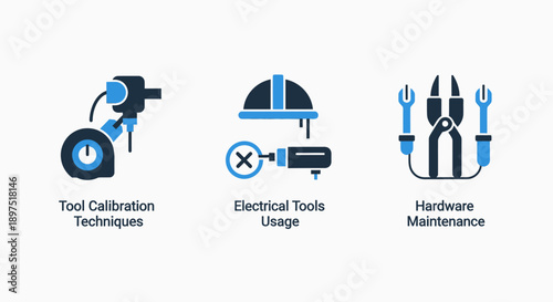 Tool icons: calibration, electrical usage, and hardware maintenance, representing technical skills and workshop operations.