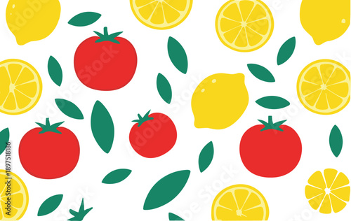 Seamless fruit pattern vector illustration with lemons, tomatoes and green leaves in modern flat style on white background