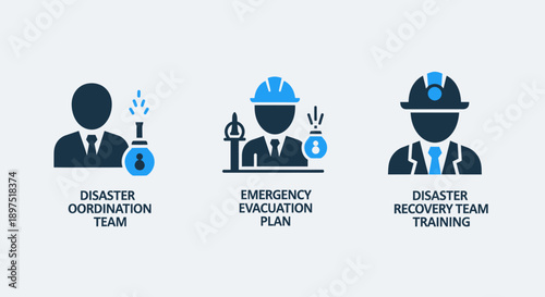 Emergency preparedness icons: disaster coordination, evacuation plan, and recovery training. Representing safety protocols and team efforts.
