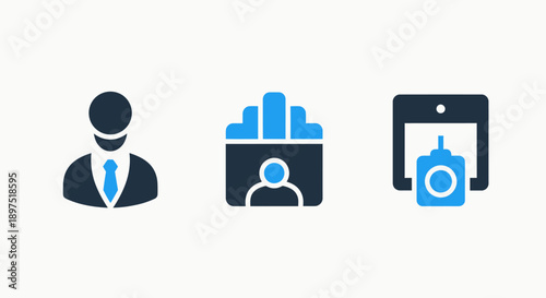 Icons representing business professional, calendar with people, and tablet with data interface.