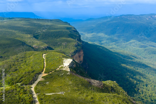 Drone aerial photograph of the iconic and famous tourist landmark Lincoln’s Rock in the Jamison Valley near the town of Wentworth Falls in the Blue Mountains in New South Wales, Australia.