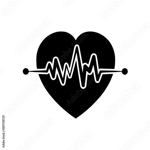 Stylized black heart icon with a white electrocardiogram line, symbolizing health, medical diagnostics, and vital signs monitoring for various applications