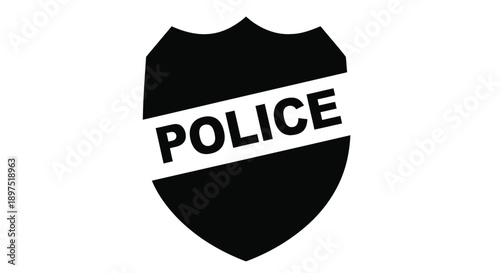 Black shield emblem with the word police displayed in white lettering
