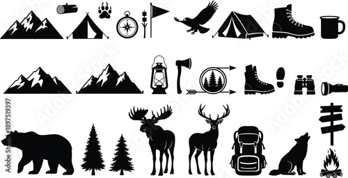 Black silhouettes of camping and hiking icons, including animals and outdoor gear, in a minimalist style with a wilderness setting and adventurous mood