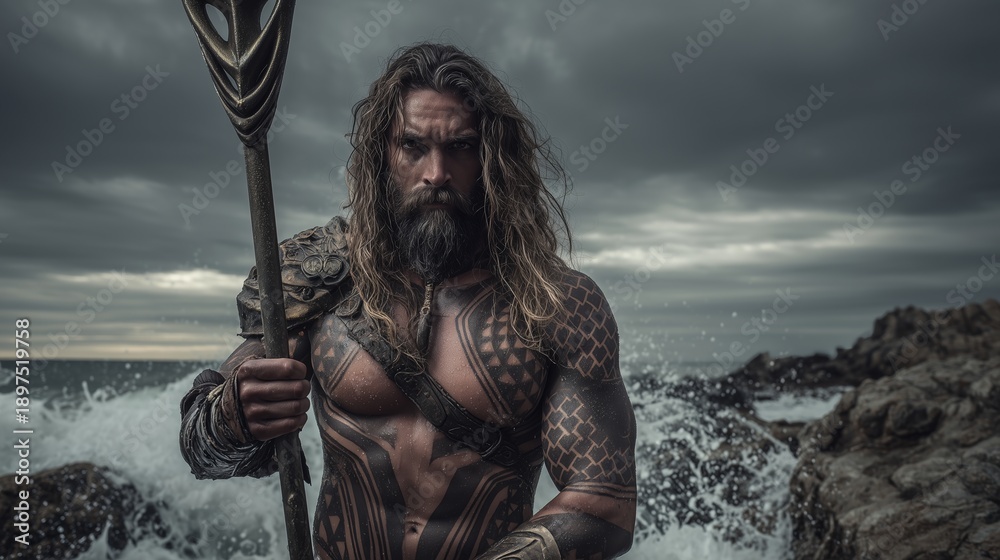 Obraz premium Poseidon holds his trident on a rocky shore with waves crashing around him under a cloudy sky