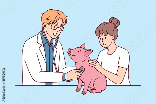 Professional male doctor examining small pig while concerned owner watches. Animal healthcare and veterinary service concept for pet owners during National Pig Day medical routine.