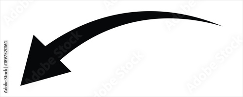Black curved arrow pointing downwards and to the left direction. Black  Arrow Illustrating downfall and regress. Curved arrow isolated on white background. Vector illustration.