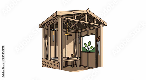 Interior view of a wooden framed workshop under construction with tools and a workbench