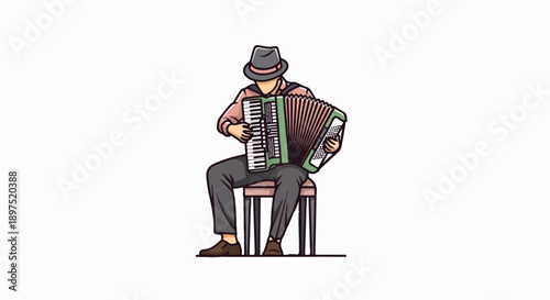 A person in a hat plays an accordion while seated on a chair