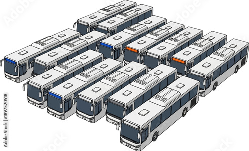A large collection of identical white and grey buses parked in rows on a white background