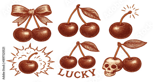 Retro cherry. Vintage red berry. Hand drawn fruit for print. Sketch cherries with ribbon, bow, skull, cherry bomb, explosion, lucky berries. Comic graphic element. Vector set
