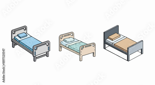 Three different hospital beds, each with a pillow and bedding, displayed in an isometric perspective