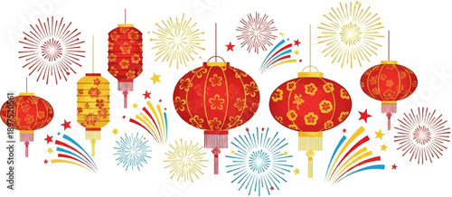 Festive arrangement of red and yellow lanterns with colorful fireworks and stars