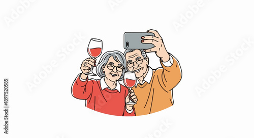 Elderly couple taking a selfie while toasting with wine glasses