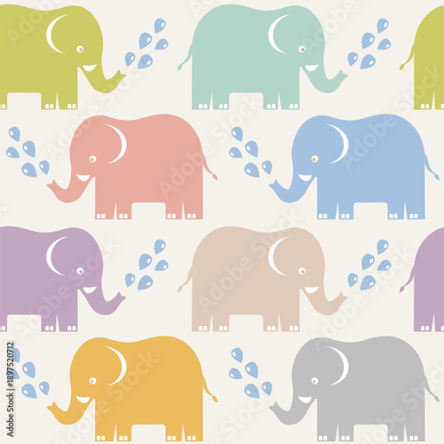 Vector seamless pattern of cute colorful elephants and water drops for baby room. Songkran pattern.