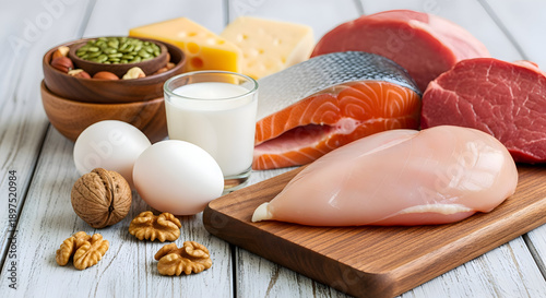 High protein foods on wooden cutting board and table including meat fish eggs milk nuts and cheese for healthy nutrition