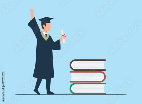Happy graduate student celebrating academic success with diploma and stack of books