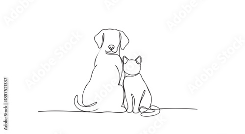 Hand drawn cartoon dog and cat sitting together in simple outline style