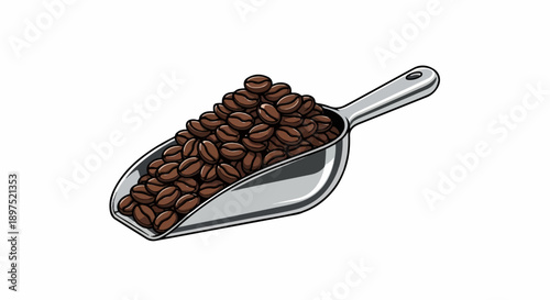 A metal scoop filled with roasted coffee beans against a white background