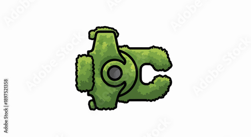 A stylized green shrub shaped like a crescent and a circle with a gray center