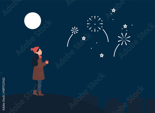 A woman in a winter hat watches enchanting fireworks light up the moonlit night sky