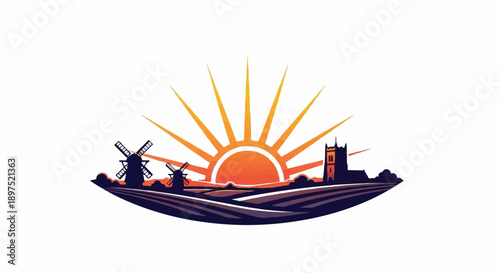 Sunrise over rolling fields with windmills and a church spire