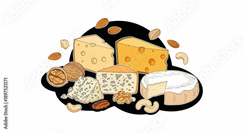 Assortment of cheeses and nuts, depicted in a playful, hand-drawn style