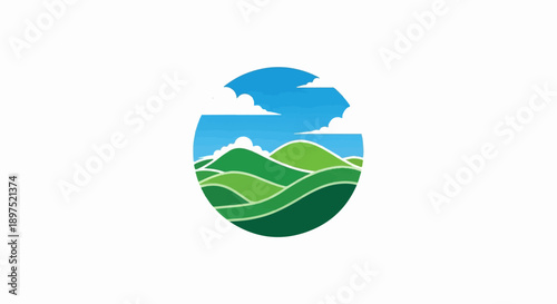 Stylized rolling green hills under a blue sky with white clouds in a circular frame