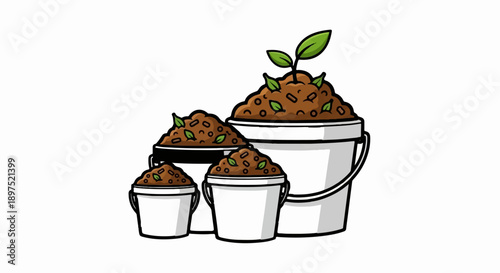 Group of four buckets filled with soil and small green plants sprouting