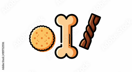 Three cartoon-style dog treats a round biscuit, a bone, and a twisted chew stick