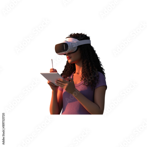 Woman wearing virtual reality headset and holding tablet with stylus