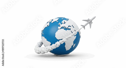 A 3D airplane flies around a blue and white globe, leaving a trail of white clouds
