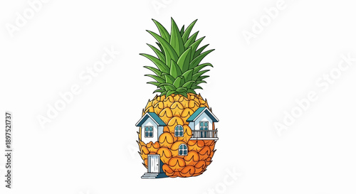Quirky illustration of a pineapple with houses built into its body