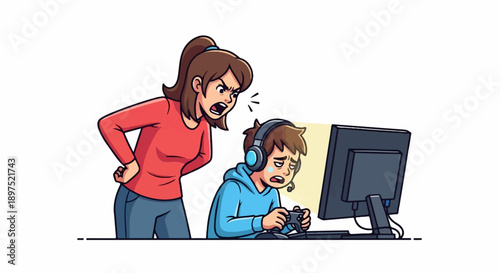 Upset child wearing headphones, crying while playing video games, as angry mother scolds