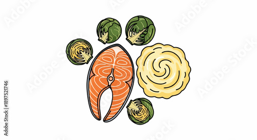 A salmon steak with Brussels sprouts and a swirl of mashed potatoes