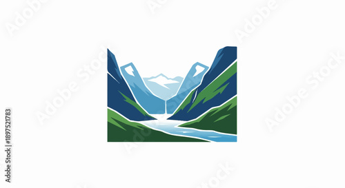 Stylized mountainous valley with a river and distant waterfall