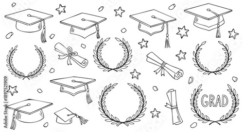 Hand drawn graduation cap and diploma set with laurel wreaths isolated