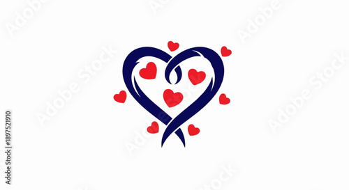 A large, dark blue ribbon heart is intricately woven, surrounded by small red hearts on a white background