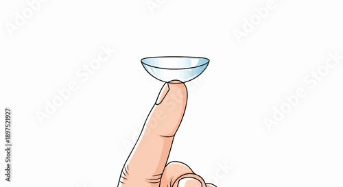 Close-up of a human finger carefully holding a transparent contact lens